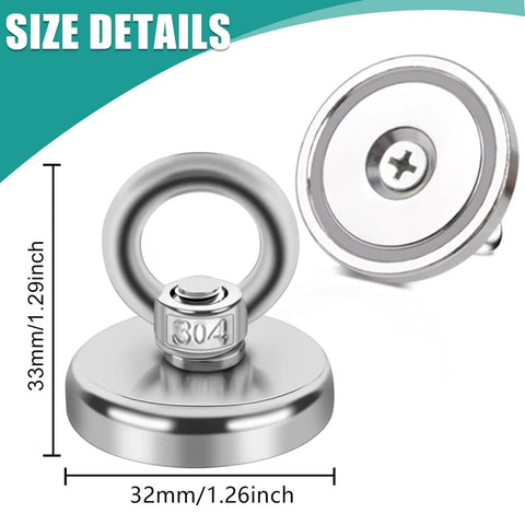 Heavy Duty Neodymium Fishing And Salvage Magnets Set For Lifting And Retrieval 32 Millimeter Diameter size details