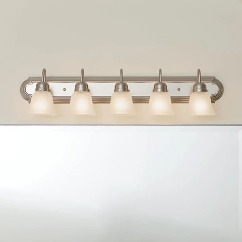 Brushed Nickel 5 Light Vanity Bath Light With Clear Satin Etched Glass Dope Modern 36 Inch Wall Mount Fixture For Bathrooms