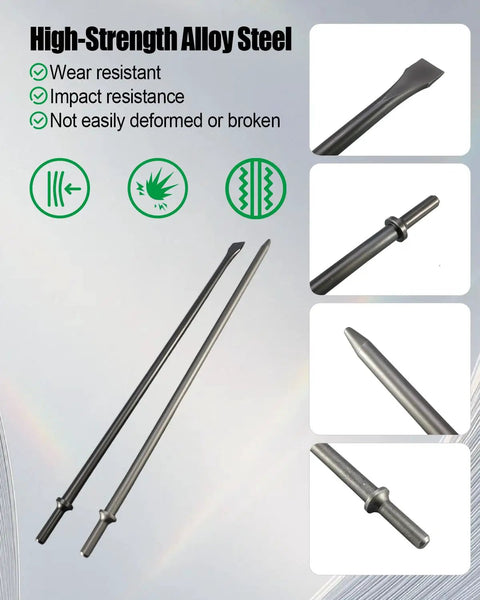 Pneumatic Cold Chisel Set With Flat And Point Chisels For Concrete And Tile, high-strength Cr-Mo alloy steel, chisel details
