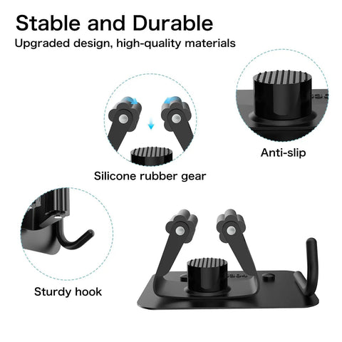 4 Pack No Drill Self Adhesive Broom Mop Holder Wall Mount With Hooks, showing silicone rubber gear and sturdy hook.