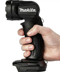 Hand holding DML815B 18V LXT Lithium Ion Cordless LED Flashlight With 12 Position Pivoting Head 60 To 110 Degrees 160 Lumens