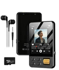 128GB Bluetooth 5.4 MP3 Player with built-in HD speaker, FM radio, earphones, microSD slot, and 128GB card displayed on a white background.