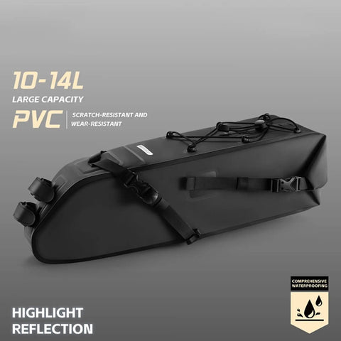 Massive 10 To 14L Under Seat Bike Saddle Bag With Roll Top Seal Durable PVC Fabric And Adjustable Straps For Long Distance Rides