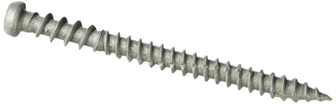 Gray Deck Screws 75 Piece Set For Composite And Treated Wood With Ceramic Coating For Rust And Corrosion Protection Self Tapping Pro Cut Threads No Predrill Tip Trap Head And Star Drive Jobsite Ready, close-up view of single screw showing threads and head.