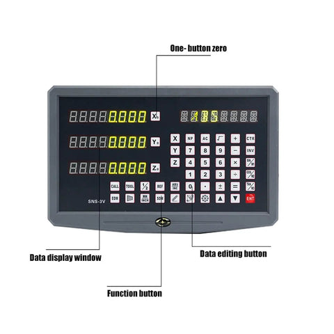 Front view of high resolution digital readout for milling lathe and EDM machines with RS232 display DRO linear scale encoder.