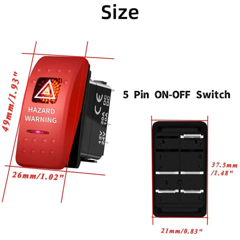 LED Hazard Warning Rocker Switch 5 Pin SPST 12V On Off Emergency Stop Switch With Red Cover Waterproof Toggle, size details