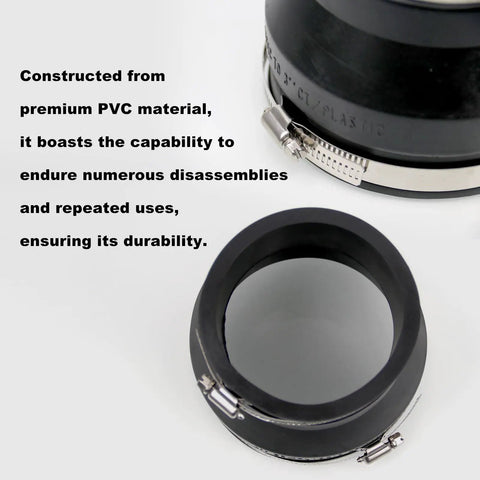Close-up of Frtcaty 4" to 3" Black PVC Reducer Coupler & Gate Valve Bushing with 2pcs Clamps, showcasing durable construction.