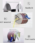 Heavy Duty Stainless Steel Garden Hose Reel Smooth Operator Wall Mount Rack showing handheld, wall-mounted, and floor-standing options.