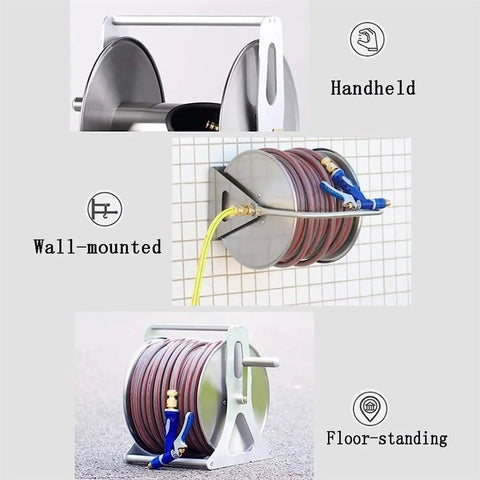 Heavy Duty Stainless Steel Garden Hose Reel Smooth Operator Wall Mount Rack showing handheld, wall-mounted, and floor-standing options.