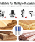 Four Piece Flush Trim Router Bit Set with One Quarter Inch Shank and Top Bearing for smooth finishing on wood and MDF