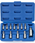 12 Piece Five Point Star Torx Tamper Proof Security Bit Socket Set With 1 Quarter Inch Drive T8 T10 T15 T20 T25 T27 T30 And 3 Eighth Inch Drive T40 T45 T50 T55 And 1 Half Inch Drive T60 Case Included With S2 Bits On CRV Sockets in blue case