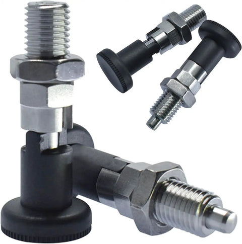 Built Like A Tank M20 Self Locking Spring Plunger With Fine Thread Stainless Steel Indexing Pin And No Nonsense Positioning Lock Knob visible from multiple angles.