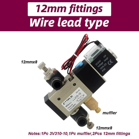 Heavy Duty AC220V DC12V 24V Solenoid Valve Electromagnetic Reversing Switch For Pneumatic Systems Plus Needle Valve Control with wire leads.
