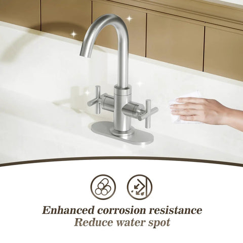 Brushed Nickel Vanity Faucet With 4 Inch Centerset Or Single Hole Setup, Swivel Spout, Pop Up Drain, Deck Plate, Easy Install