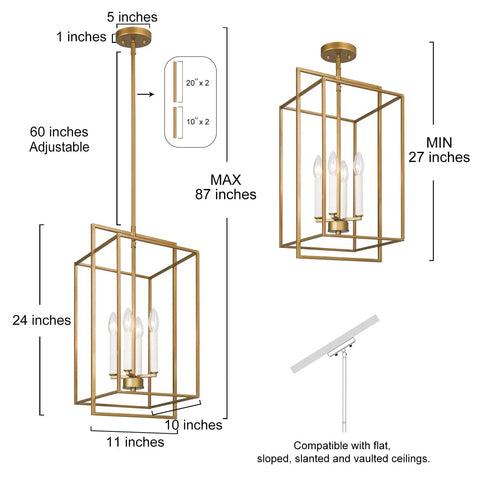 Gold Modern 4 Light Linear Chandelier For Dining Room, Foyer, Living Room, Staircase And Entryway Dope Antique Gold Finish, dimensions