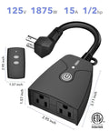 Outdoor Wireless Remote Control Outlet Kit Weatherproof Heavy Duty Power Strip With Dual 3 Prong Outlets 6 Inch Cord And 100 Foot Range ETL Listed 15A Plug And Play Ready For Indoor Or Outdoor Use shown with remote and dimensions.