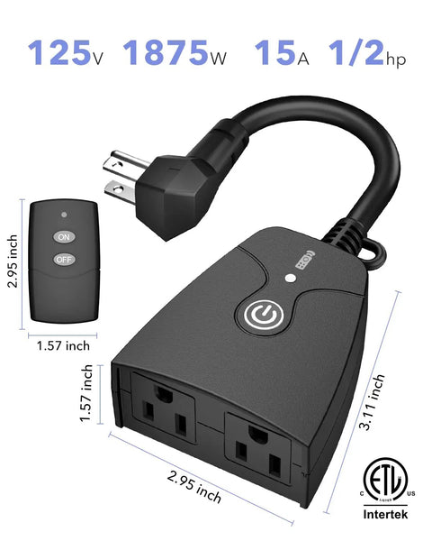 Outdoor Wireless Remote Control Outlet Kit Weatherproof Heavy Duty Power Strip With Dual 3 Prong Outlets 6 Inch Cord And 100 Foot Range ETL Listed 15A Plug And Play Ready For Indoor Or Outdoor Use shown with remote and dimensions.
