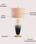 Dip Dye Ceramic Table Lamp, 31.5 Inch Height, White Navy Blue Gradient, Room-Ready Living Room or Bedroom Light