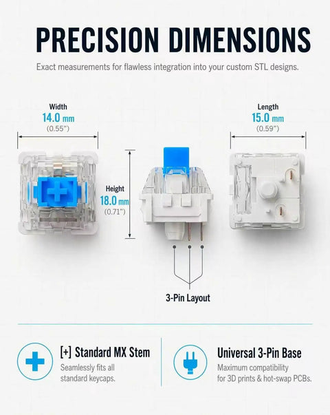 60 Piece Blue Keyboard Switches Clicky Tactile Clickers For 3D Printing Projects And Fidget Toys With Crisp Bangin Sound And Strong Feedback To Upgrade Your Setup. Precision dimensions of blue MX-style 3-pin keyboard switch