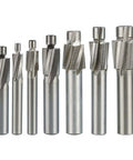 HSS counterbore end mill set, eight pieces, silver steel finish for CNC routing.