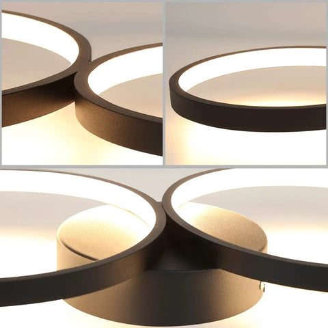 Modern Black Flush Mount LED Ceiling Light 30W 3000K Warm White 89cm Round Four Ring Fixture for soft glow illumination.