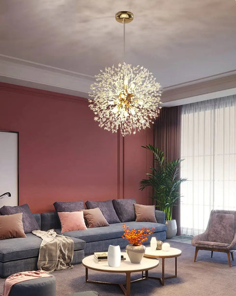 Gold Crystal 12 Light Modern Dandelion Firework Chandelier Ceiling Pendant Light For Bedroom Dining Room And Living Room With Adjustable Cable 20.87 Inch Diameter Lit Showpiece Fixture