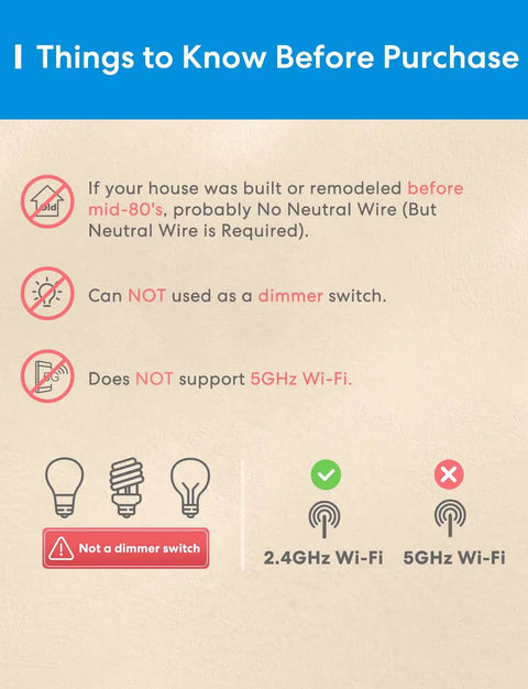 Graphic showing limitations for Four Pack 3 Way Smart Light Switch That Works With Apple HomeKit Siri Alexa Google Assistant SmartThings.