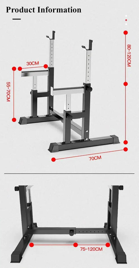 Versatile Barbell Rack For Home Gym dimensions, Heavy Duty Squat Stand with adjustable height 80-120cm, width 75-120cm