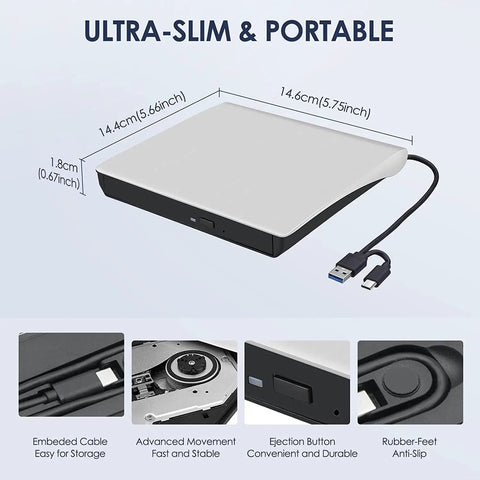 Ultra Portable USB 3.0 External CD DVD Drive For Laptops Type C No Driver Needed Plug And Play Burn Discs Watch DVDs And Listen To Music On Mac Windows PCs MacBook Pro Air iMac Desktop Compatible, slim black-and-white drive with USB-C cable
