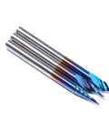 Three Piece V Bit Set Pro Grade 0.1mm 2 Flute Upcut Spiral CNC Router Bits 1/8 Inch Shank Nano Blue Coating in three angles.