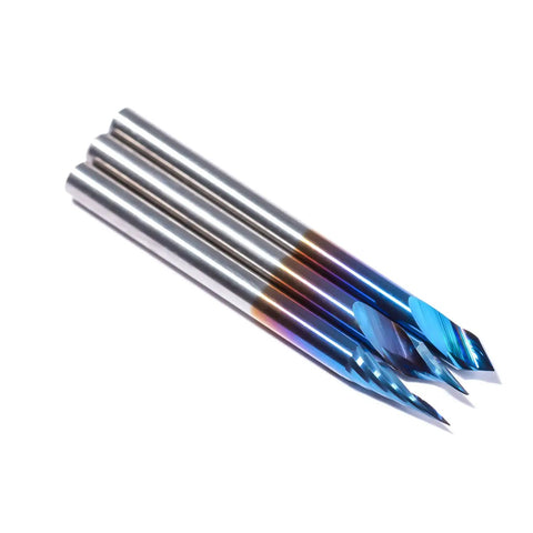 Three Piece V Bit Set Pro Grade 0.1mm 2 Flute Upcut Spiral CNC Router Bits 1/8 Inch Shank Nano Blue Coating in three angles.