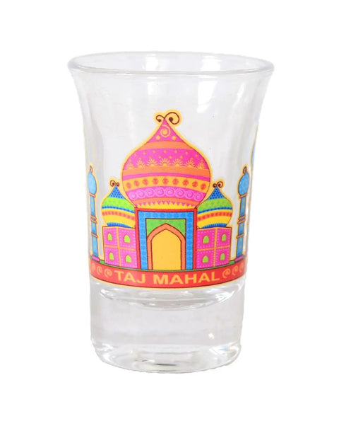 Top Shelf Indian Inspired Auto Rickshaw And Taj Mahal Motif 30 Ml Shot Glass featuring colorful Taj Mahal design, clear glass.