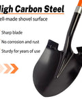 Heavy Duty Garden Shovel With 56 Inch Round Blade And Fiberglass Handle In Orange For Tough Digging And Yard Work Pro Grade Non Slip Grips For Comfort And Control, featuring a high carbon steel blade.