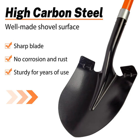 Heavy Duty Garden Shovel With 56 Inch Round Blade And Fiberglass Handle In Orange For Tough Digging And Yard Work Pro Grade Non Slip Grips For Comfort And Control, featuring a high carbon steel blade.