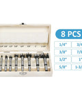 Heavy Duty Eight Piece Forstner Bit Set High Speed Carbon Steel Wood Drilling Kit with round shank in storage case.
