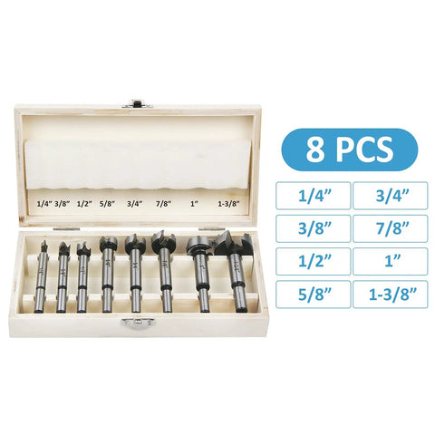 Heavy Duty Eight Piece Forstner Bit Set High Speed Carbon Steel Wood Drilling Kit with round shank in storage case.