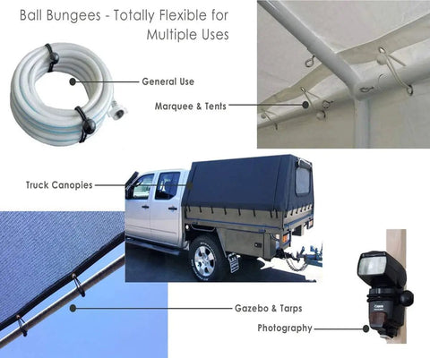 Various uses of 30 Pack Ball Bungee Cords With Balls For Shelter Canopy And Cargo Tie Downs Built Tough Heavy Duty UV Resistant Elastic Cords In Black 6 9 11 Inch Lengths For Tarp Gazebo Screen And Outdoor Gear, shown securing tarps, tents, and truck canopies.
