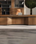 Boss Mode Executive Computer Desk For Home Office Large Standing Workstation blending retro charm with modern vibes, wooden surface.