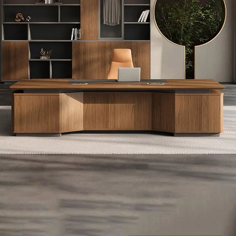 Boss Mode Executive Computer Desk For Home Office Large Standing Workstation blending retro charm with modern vibes, wooden surface.