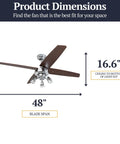 Civa Cool 48 Inch Contemporary Indoor LED Ceiling Fan With Light Pull Chain Dual Mounting Options Four Modern Style Blades Reversible Motor Chrome Finish With Energy Efficient Lighting, product dimensions illustration, 48-inch blade span, 16.6 inches from ceiling to bottom of light kit.