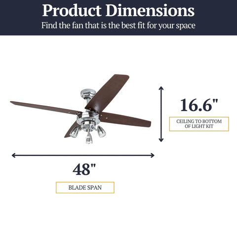 Civa Cool 48 Inch Contemporary Indoor LED Ceiling Fan With Light Pull Chain Dual Mounting Options Four Modern Style Blades Reversible Motor Chrome Finish With Energy Efficient Lighting, product dimensions illustration, 48-inch blade span, 16.6 inches from ceiling to bottom of light kit.