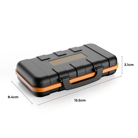 Rugged Water Resistant Camera Battery And Card Case Holds 4 SD Cards 2 CF 2 XQD And 6 Micro SD Cards Plus 2 NP FZ100 Batteries Or 8 AA AAA Batteries, closed view