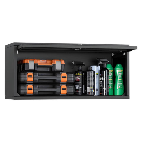 Space Saving Metal Wall Cabinet With Up Flip Door About Thirty Inches Wide Twelve Inches Deep And Fourteen Inches High Heavy Duty Rail Mount Floating Garage Storage 120 Lb Per Shelf For Garage Basement Kitchen Or Warehouse