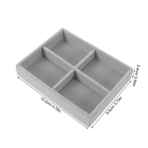 Slick Mini Velvet Jewelry Organizer Tray With Four Separate Dividers For Bracelets And Watches, grey velvet, 12.2 cm x 9.5 cm.