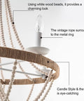 Close-up of wood beaded detail on chandelier with E12 dimmable socket and candle-style light, featuring hemp rope frame.
