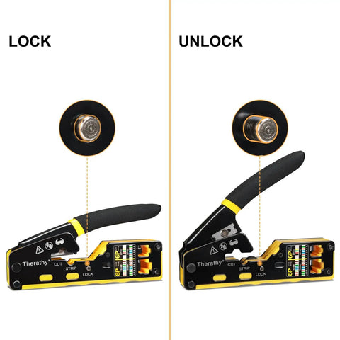 Pass Through RJ45 Crimp Tool Kit For Cat5e Cat6 Ethernet Plugs Pro Grade No Fuss All In One Crimping Tool locked and unlocked view