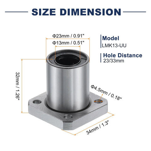 LMK13-UU Linear Ball Bearings 13mm Bore 23mm OD 32mm Length Round Flange with dimensions and model details