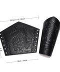 Badass Medieval Faux Leather Bracers Featuring Dragon And Viking Embossing, Adjustable Steampunk Punk Gothic Arm Cuffs, Dope Cosplay Halloween Accessories Set For Tough As Nails Adventure Games And Party Wear, showcasing detailed dragon relief and dimensions.