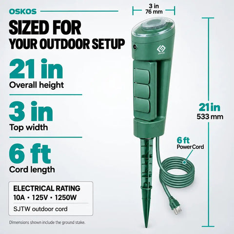 Top Tier Outdoor Power Stake With Three Grounded Outlets And 180 Degree Rotating Head crafted for lawn glow, showing dimensions.