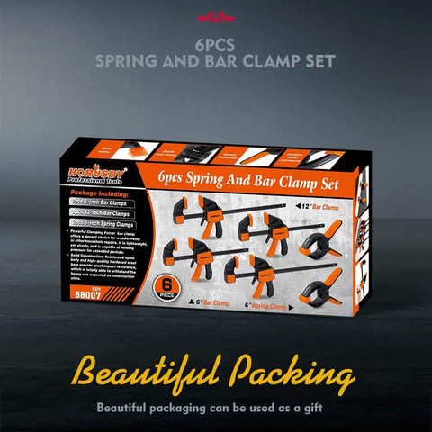 Straight Up Badass Six Piece Wood Clamping Kit Featuring Quick Release Bar Grips And Heavy Duty Spring Tools For Knockout Craft Projects With A Solid One Hundred Fifty Pound Hold That Keeps Your Hardwood Boards Locked Tight Daily, packaged set with clamps.